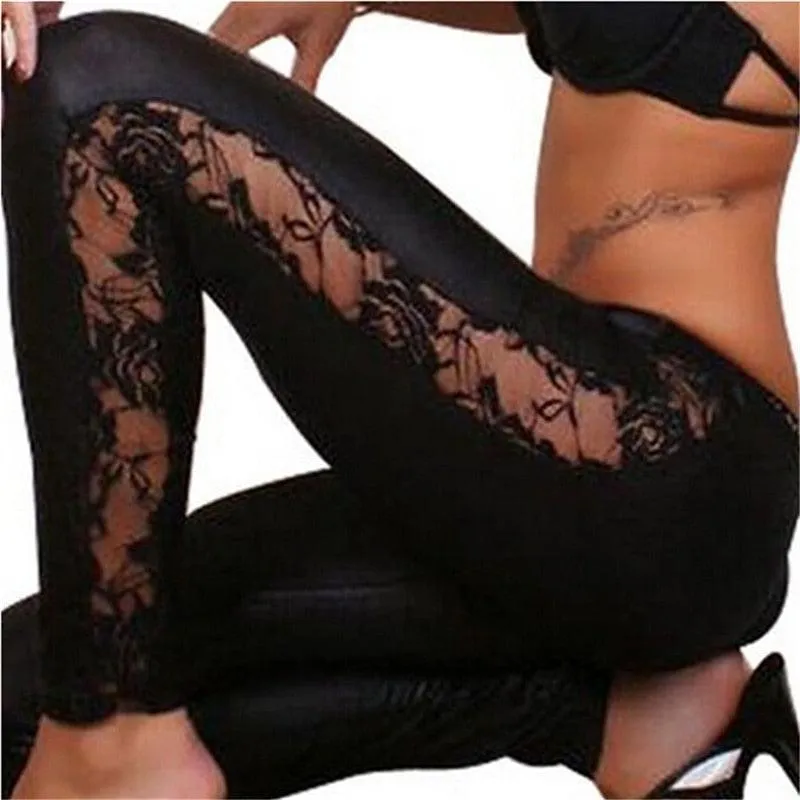1pc black Sexy Splicing Lace Faux Leather Slim Fit Leggings Skinny Stretch Pants