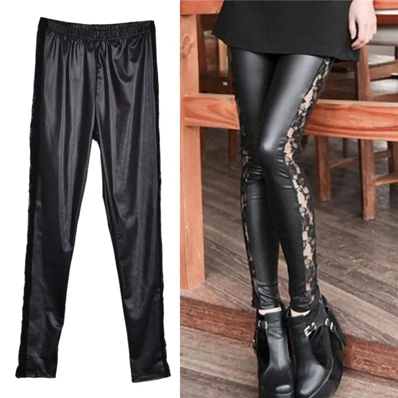 1pc black Sexy Splicing Lace Faux Leather Slim Fit Leggings Skinny Stretch Pants