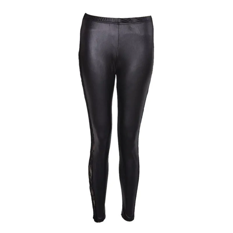 1pc black Sexy Splicing Lace Faux Leather Slim Fit Leggings Skinny Stretch Pants