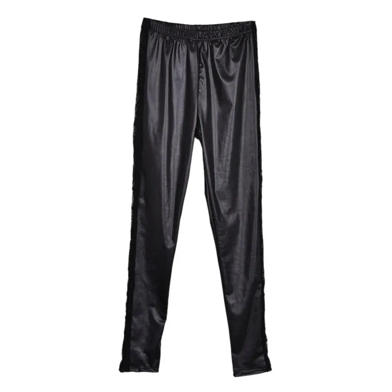 1pc black Sexy Splicing Lace Faux Leather Slim Fit Leggings Skinny Stretch Pants