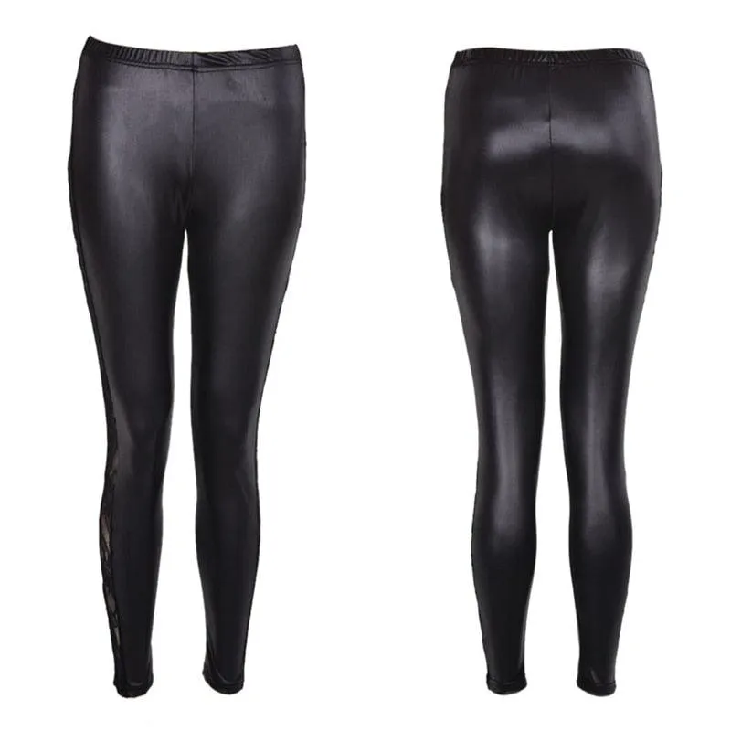 1pc black Sexy Splicing Lace Faux Leather Slim Fit Leggings Skinny Stretch Pants