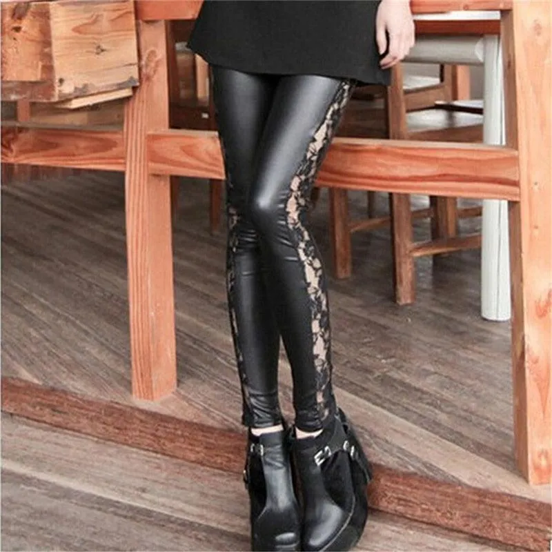 1pc black Sexy Splicing Lace Faux Leather Slim Fit Leggings Skinny Stretch Pants