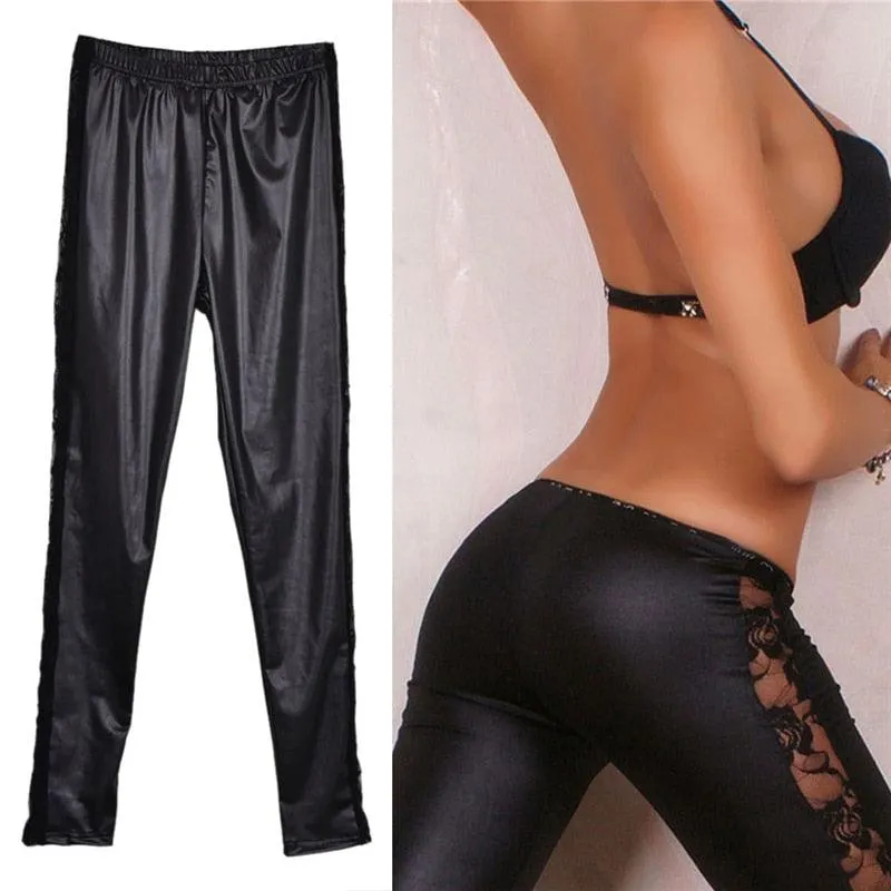 1pc black Sexy Splicing Lace Faux Leather Slim Fit Leggings Skinny Stretch Pants