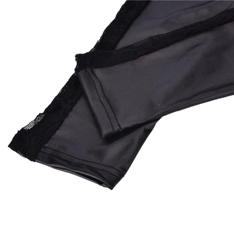 1pc black Sexy Splicing Lace Faux Leather Slim Fit Leggings Skinny Stretch Pants