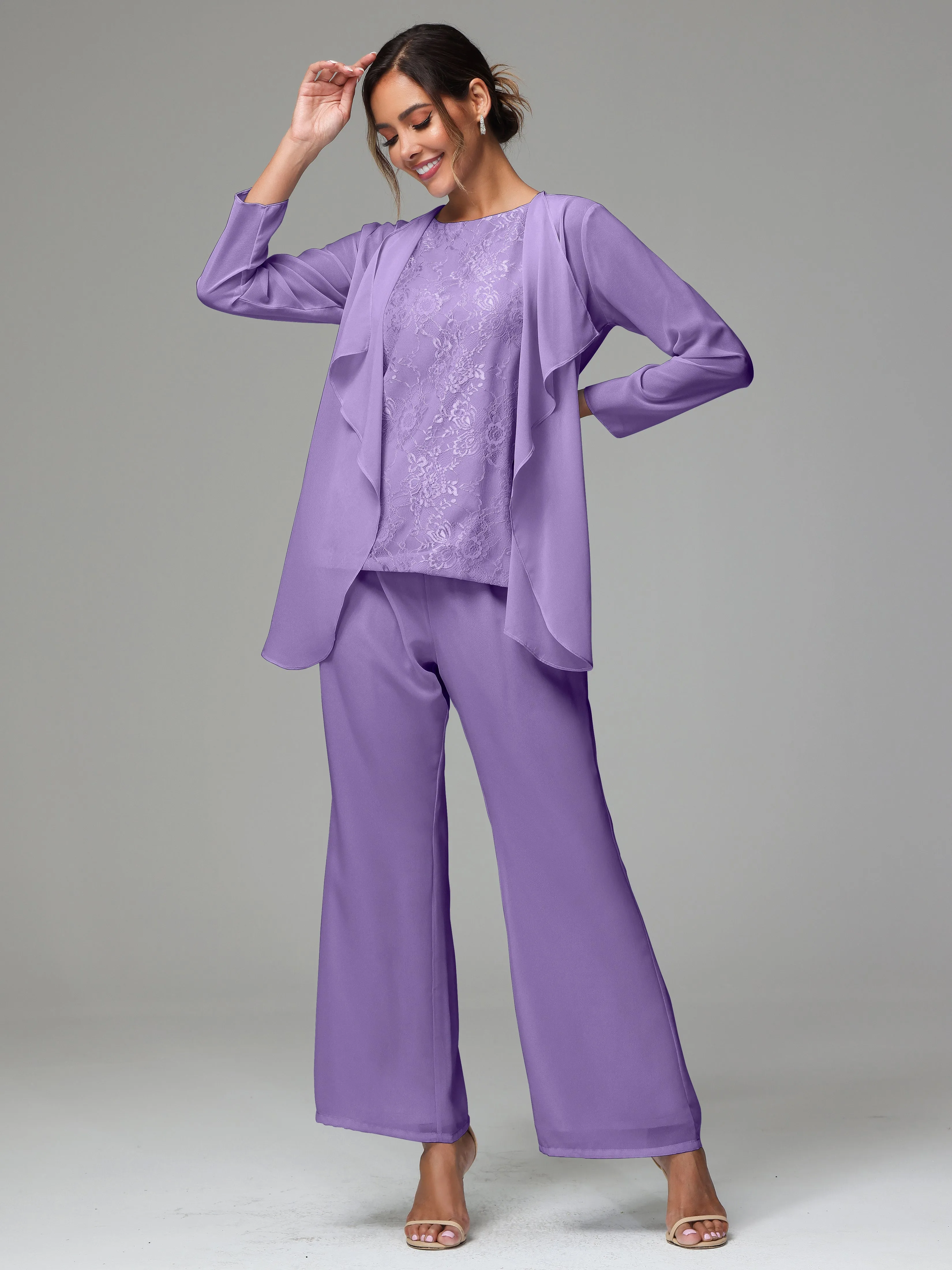3 Pieces Long Sleeves Chiffon Lace Mother Of The Bride Dress Pants Suits