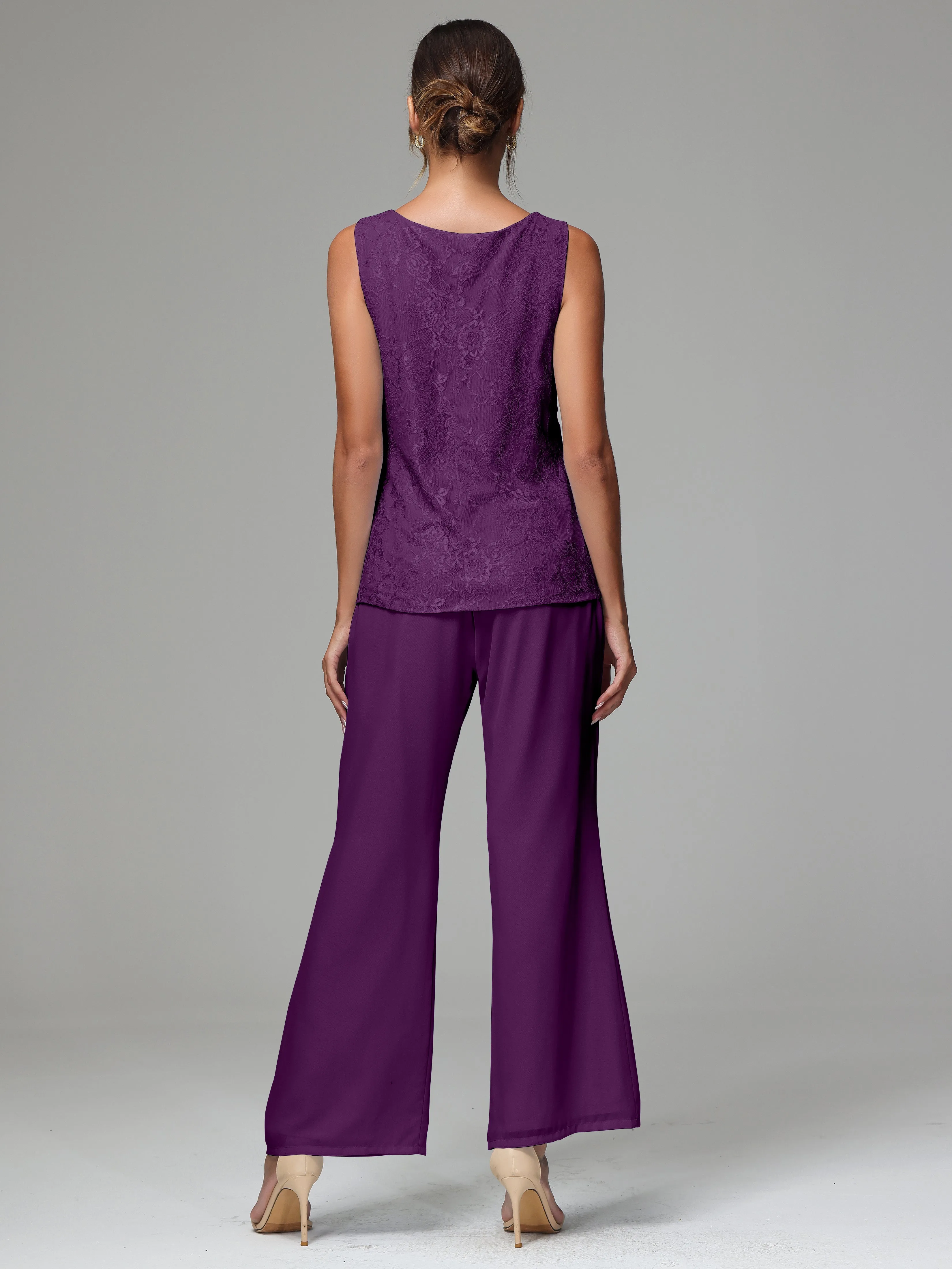 3 Pieces Long Sleeves Chiffon Lace Mother Of The Bride Dress Pants Suits