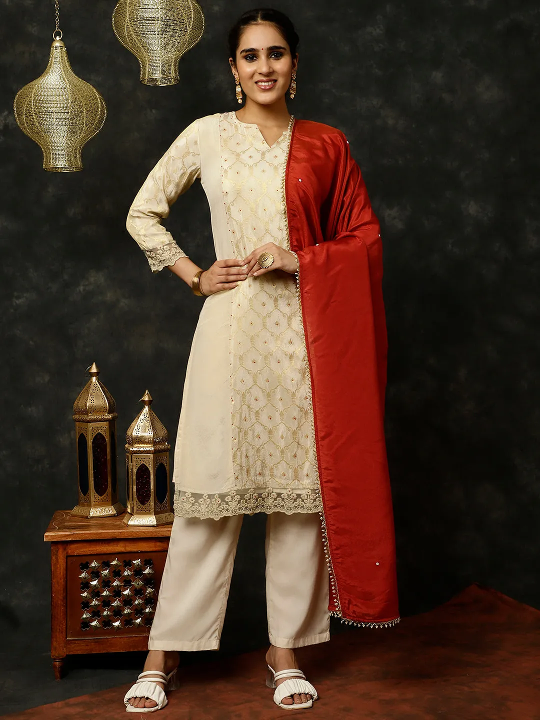 Beige Bead Work Straight Kurta With Pants And Dupatta