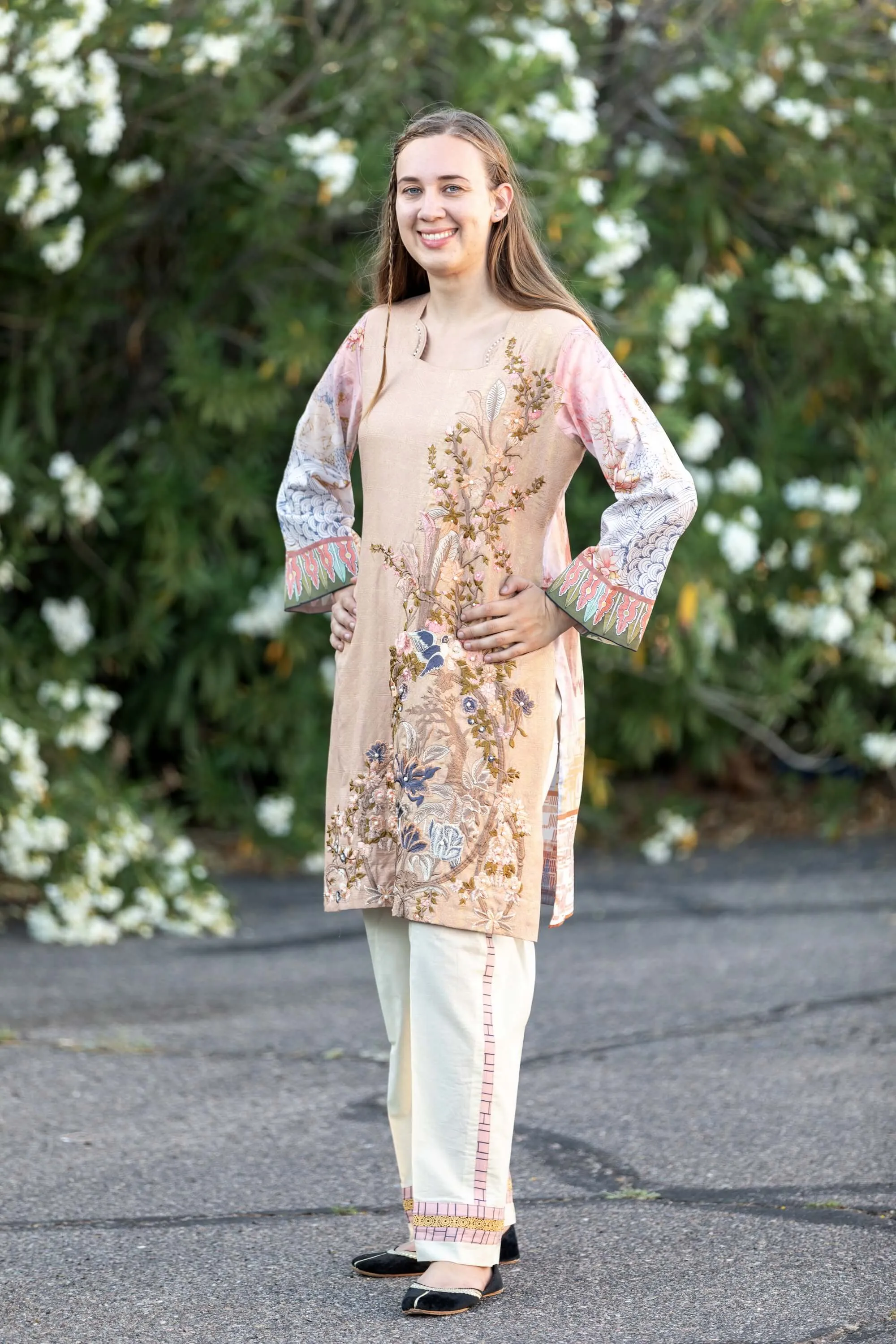 Beige Cotton Embossed Salwar Kameez Suit