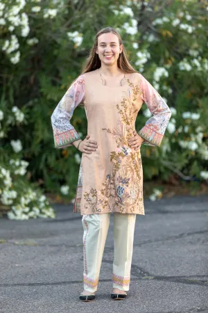 Beige Cotton Embossed Salwar Kameez Suit