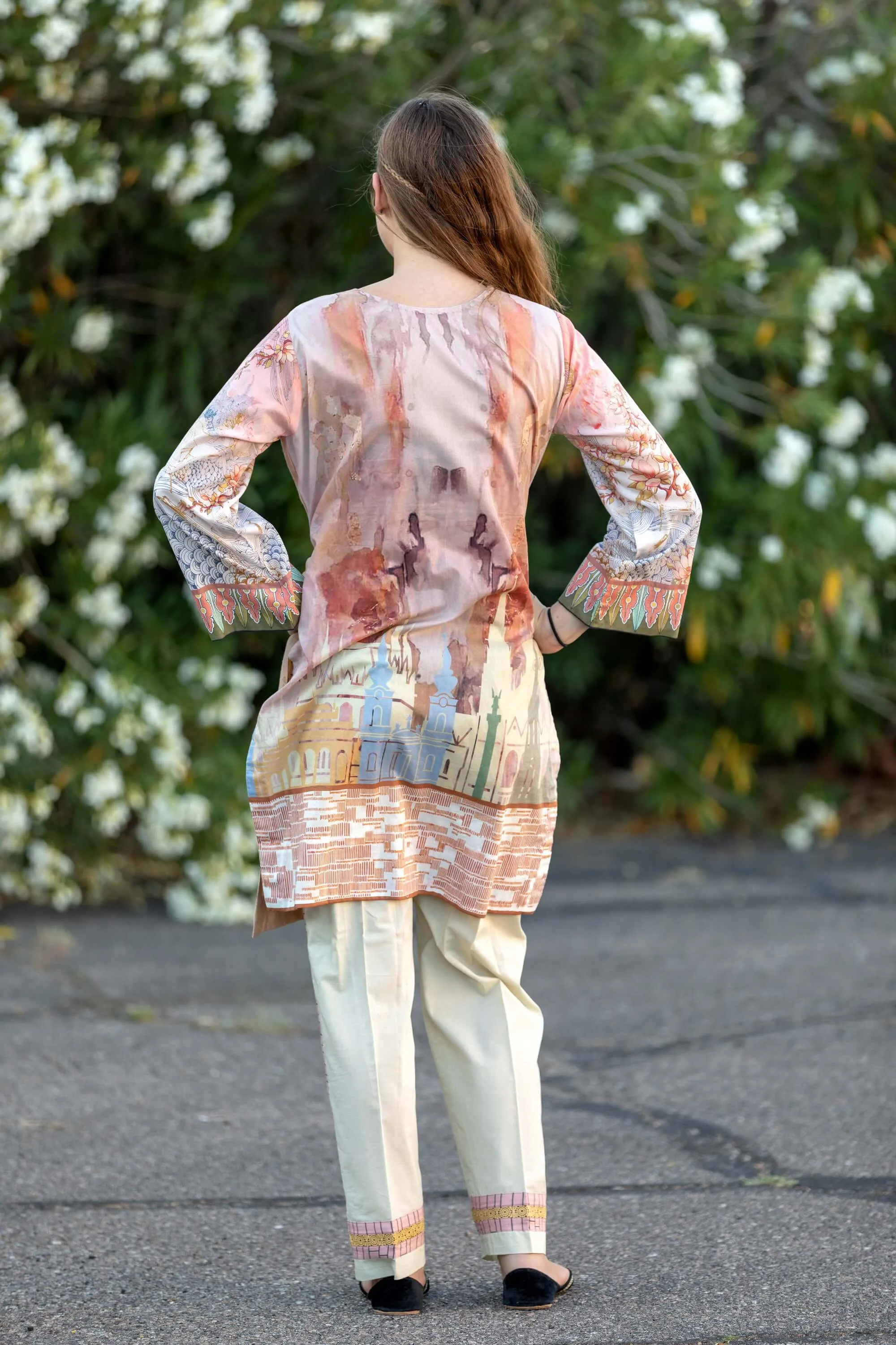 Beige Cotton Embossed Salwar Kameez Suit