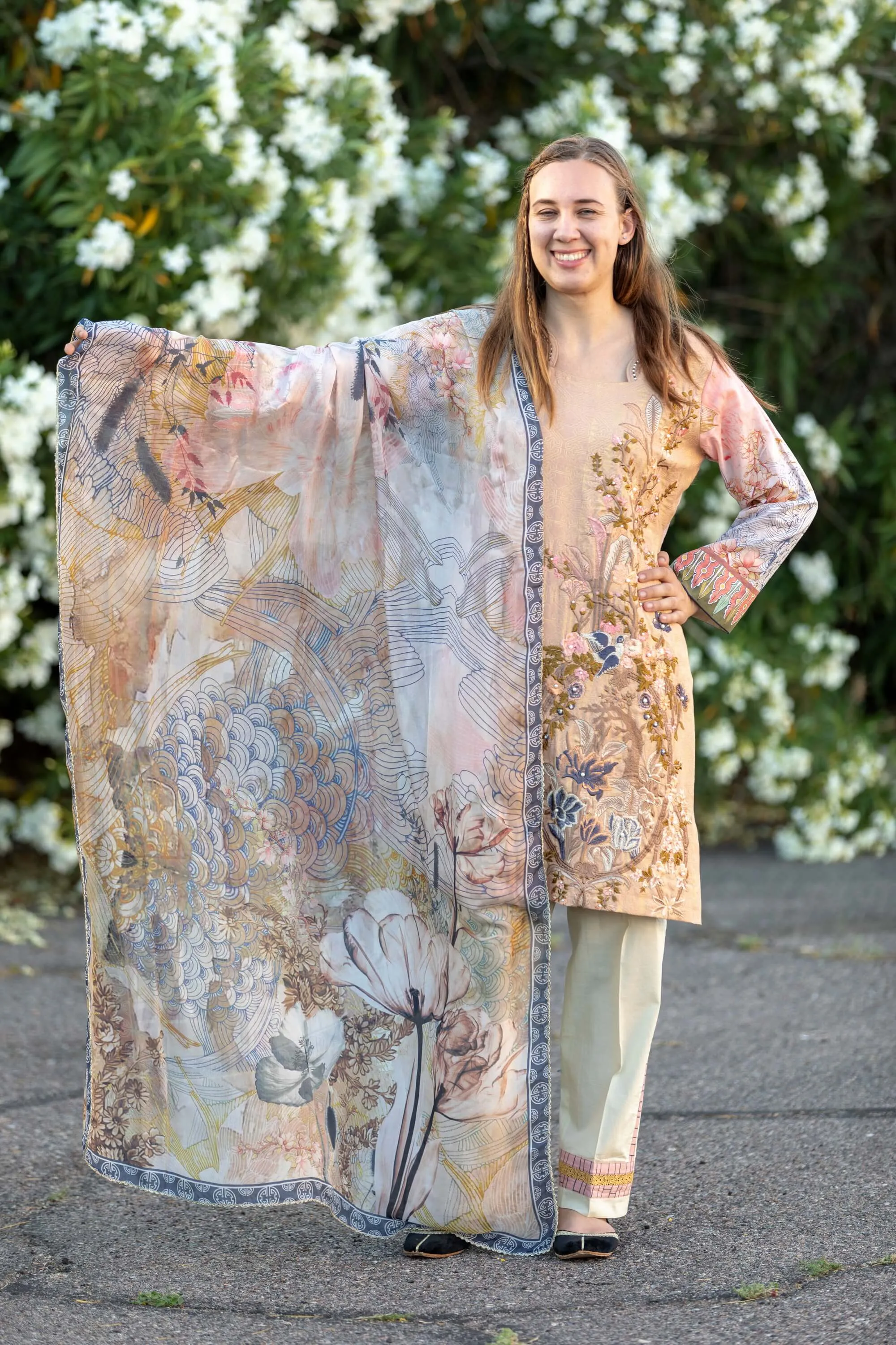 Beige Cotton Embossed Salwar Kameez Suit
