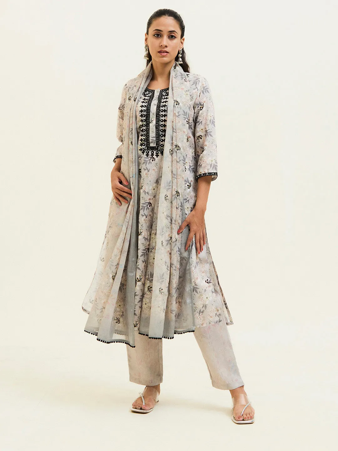 Beige Floral Printed Embroidered Suit Set