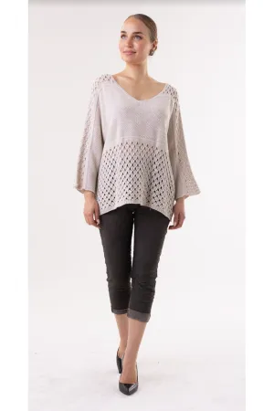 Bella Amore - V-Neck 3/4 Sleeve with Lace Detail on Shoulder and Bottom of Sweater - Cream - 0029