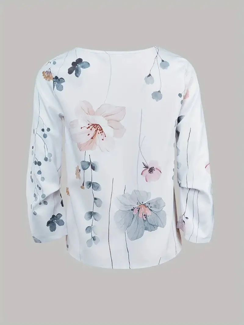 BerryBetty - Long Sleeve Crew Neck Top Floral Print Two-Piece Set