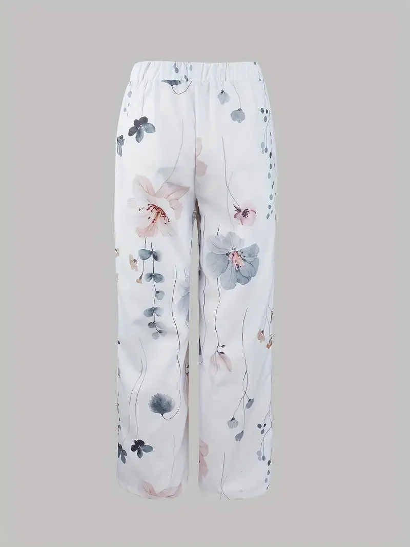 BerryBetty - Long Sleeve Crew Neck Top Floral Print Two-Piece Set