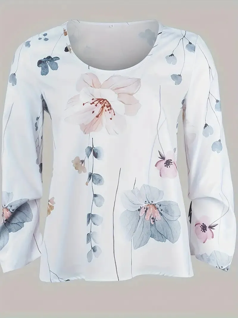 BerryBetty - Long Sleeve Crew Neck Top Floral Print Two-Piece Set