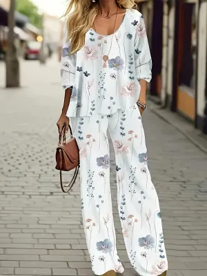BerryBetty - Long Sleeve Crew Neck Top Floral Print Two-Piece Set