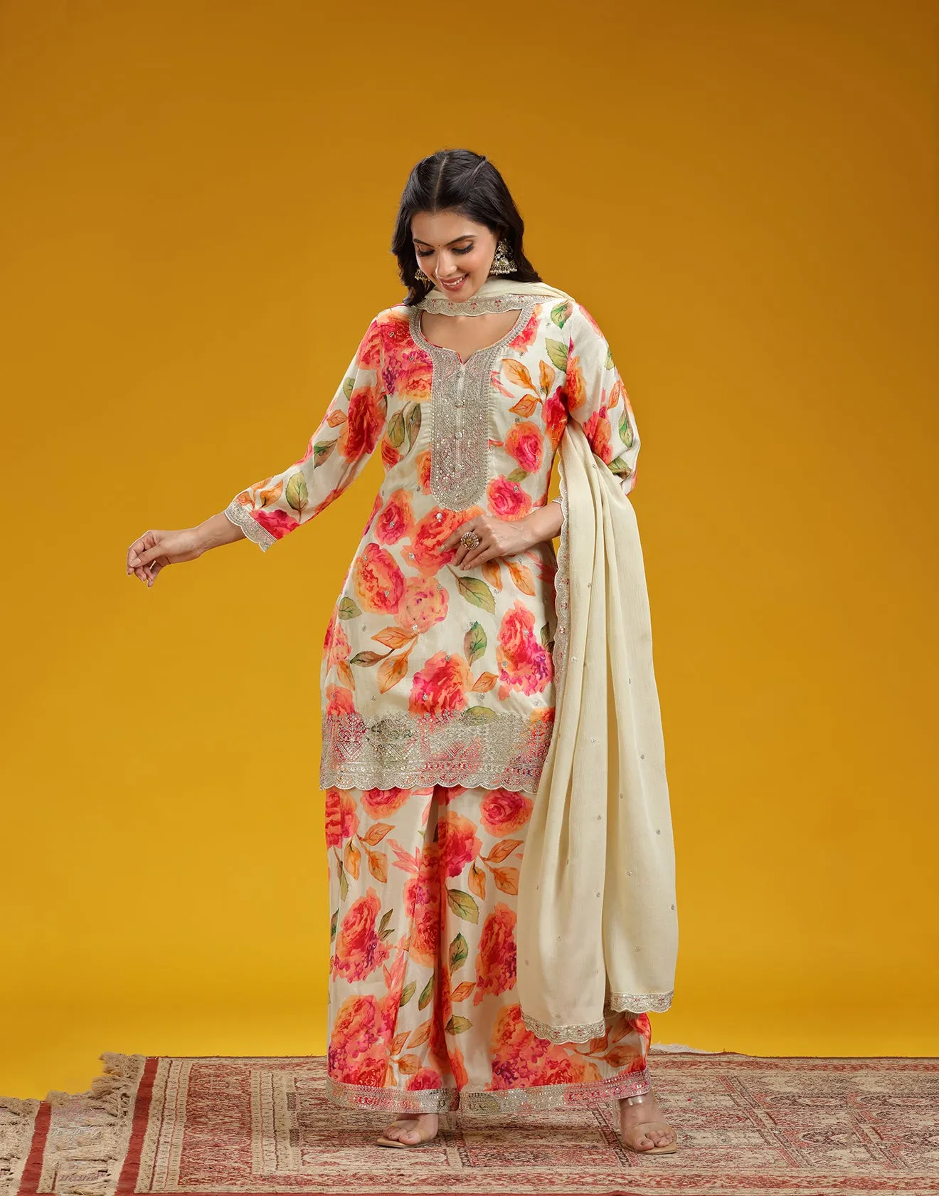 Bisqué Tan Floral Festive Printed Kurta Set