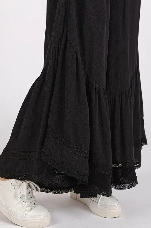 Black Lace Ruffle Asymmetric Hem Wide Leg Pants