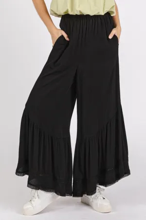 Black Lace Ruffle Asymmetric Hem Wide Leg Pants
