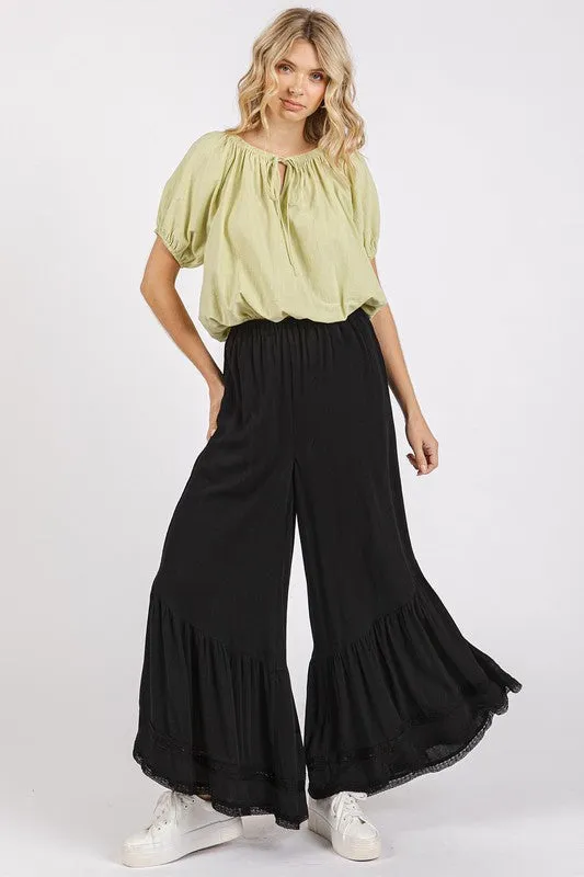 Black Lace Ruffle Asymmetric Hem Wide Leg Pants