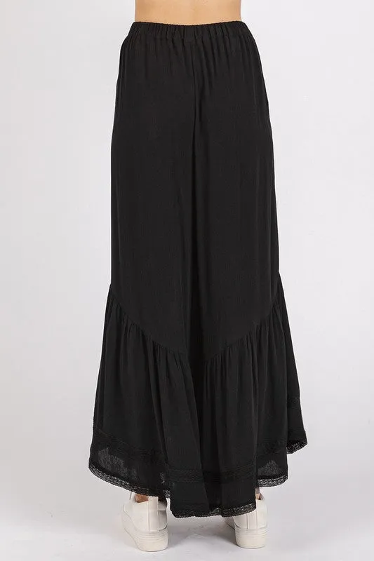 Black Lace Ruffle Asymmetric Hem Wide Leg Pants