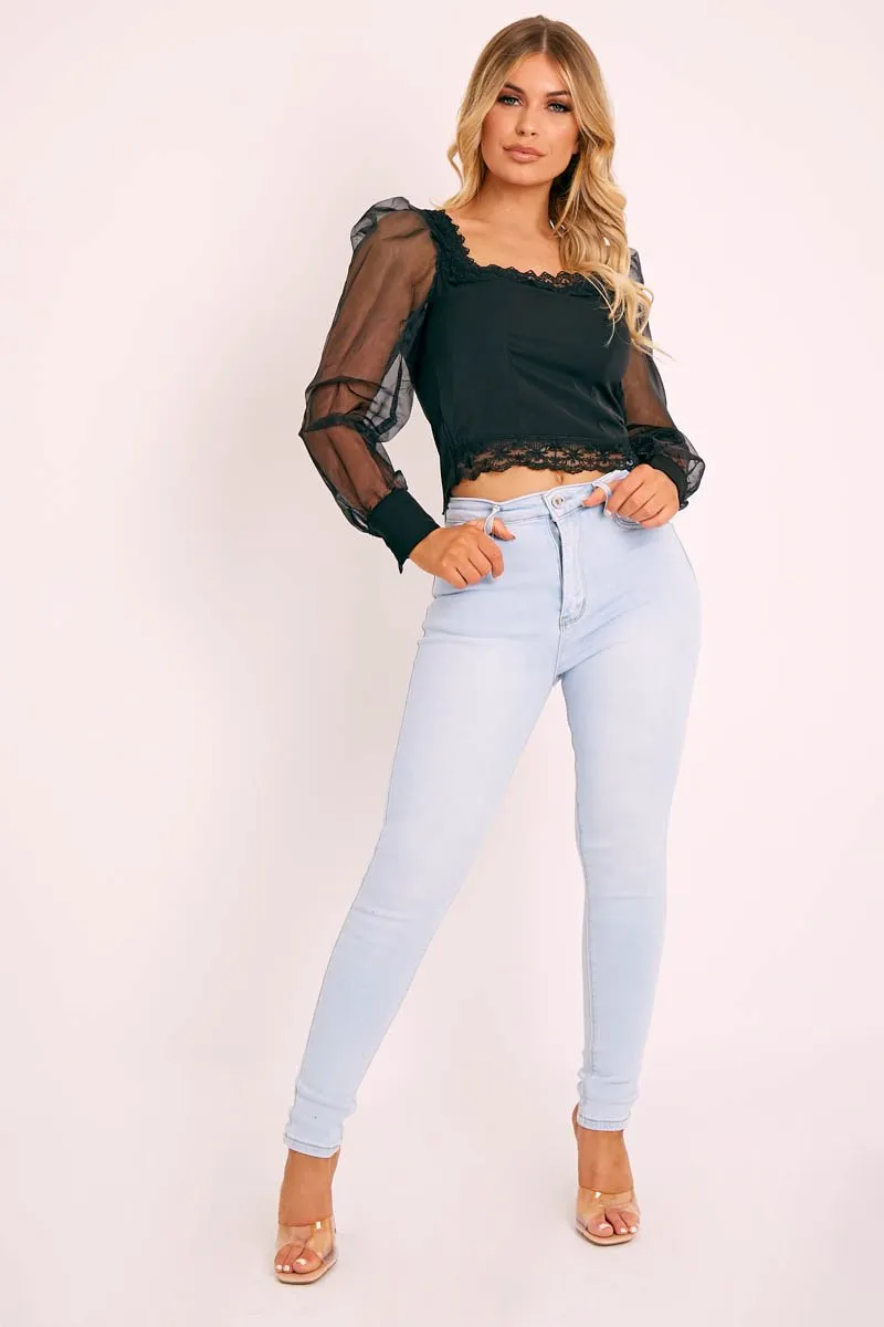Black Lace Trim Puff Sleeve Crop Top - Bethan