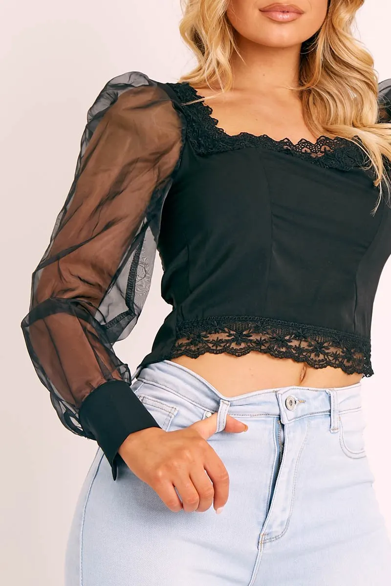Black Lace Trim Puff Sleeve Crop Top - Bethan