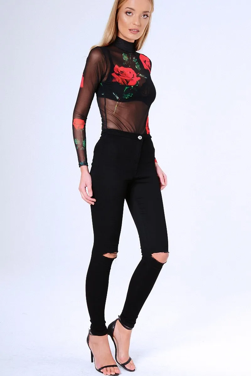 Black Rose Print Sheer Mesh Long Sleeve Bodysuit - Maddie