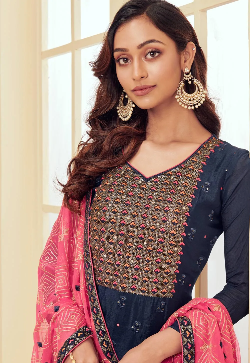 Blue And Pink Floral Embroidered Pakistani Pant Suit