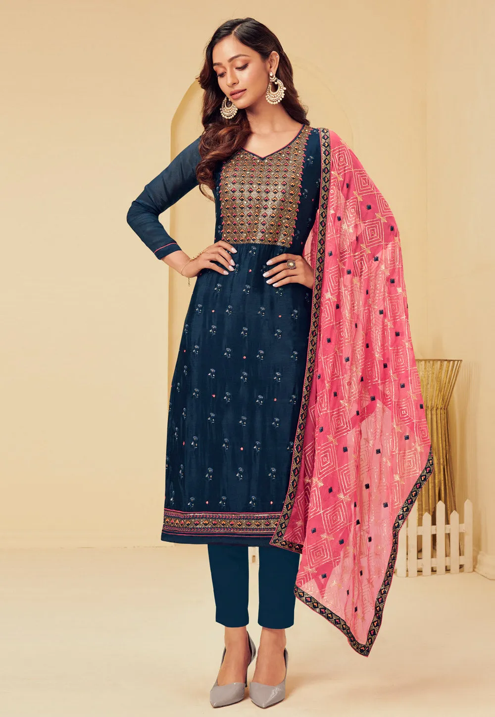 Blue And Pink Floral Embroidered Pakistani Pant Suit