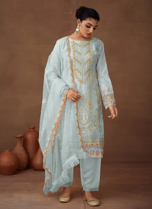 Blue Designer Embroidered Organza Pant Suit
