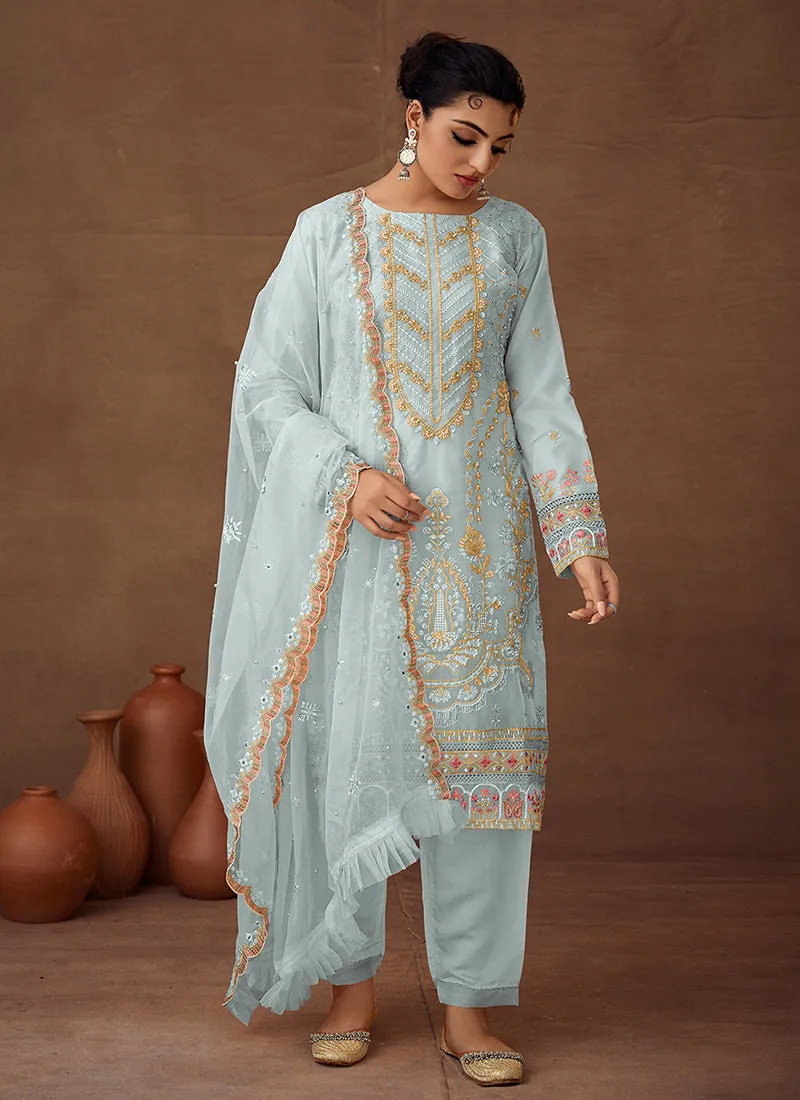 Blue Designer Embroidered Organza Pant Suit