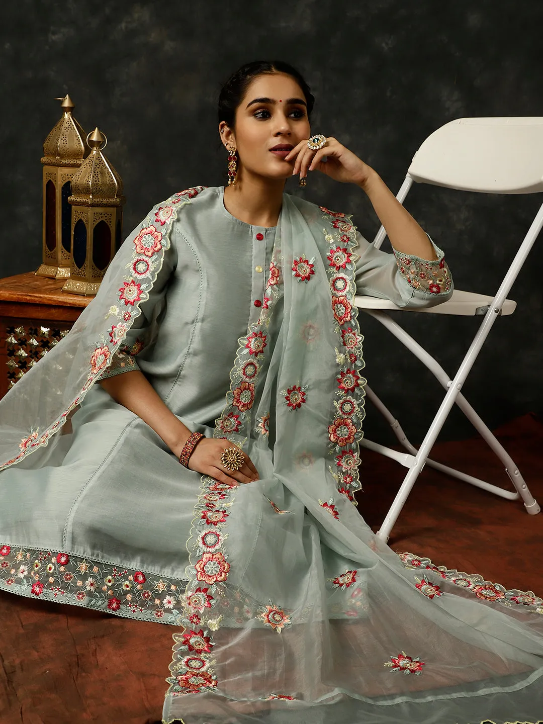 Blue Embroidered Art Silk Chanderi A-line Kurta With Pants And Dupatta