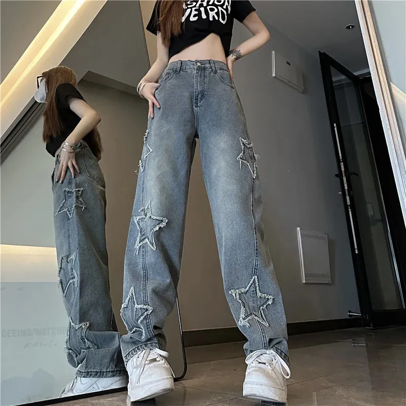 Blue Embroidered Jeans Women, Spring and Autumn New Design, Niche Loose Straight Wide-Leg Pants Trend
