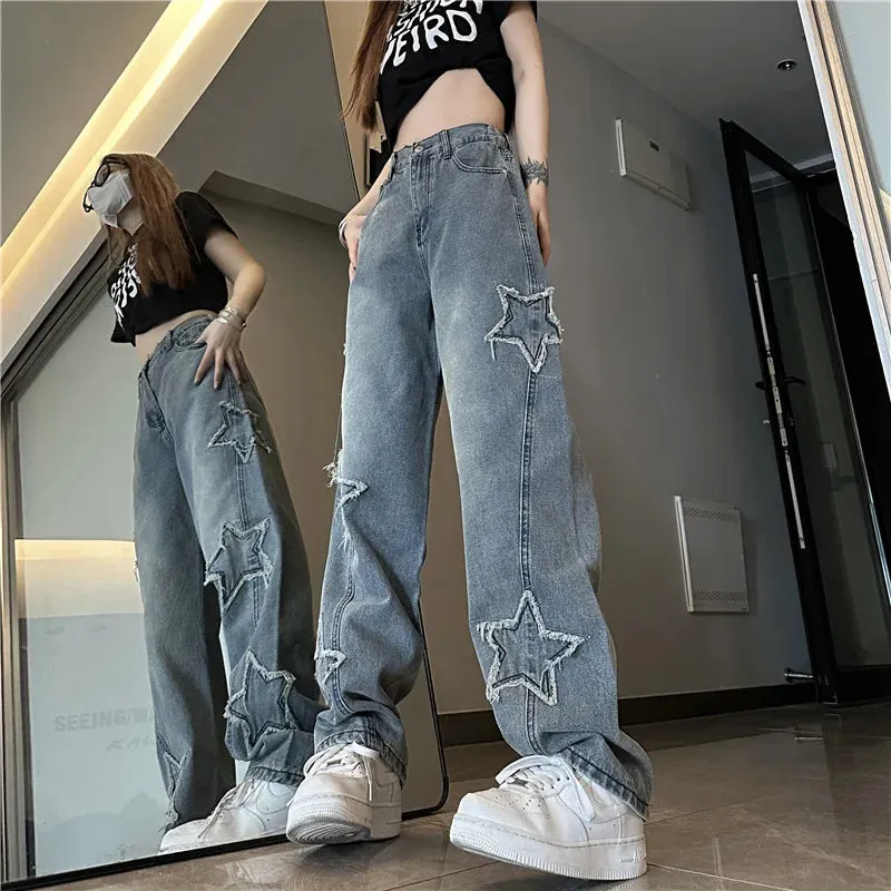 Blue Embroidered Jeans Women, Spring and Autumn New Design, Niche Loose Straight Wide-Leg Pants Trend