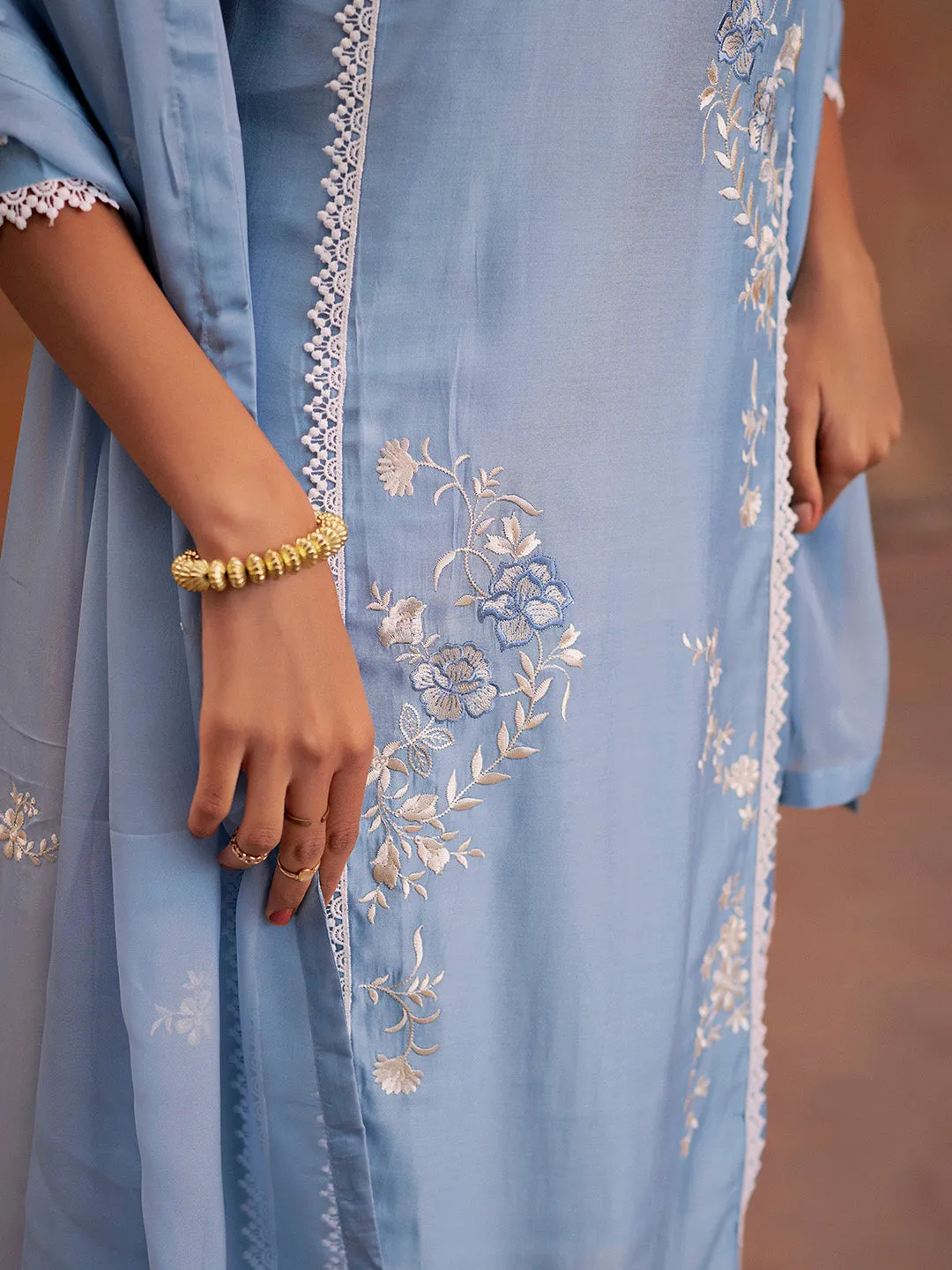 Blue Festive Embroidered Kurta Set With Dupatta