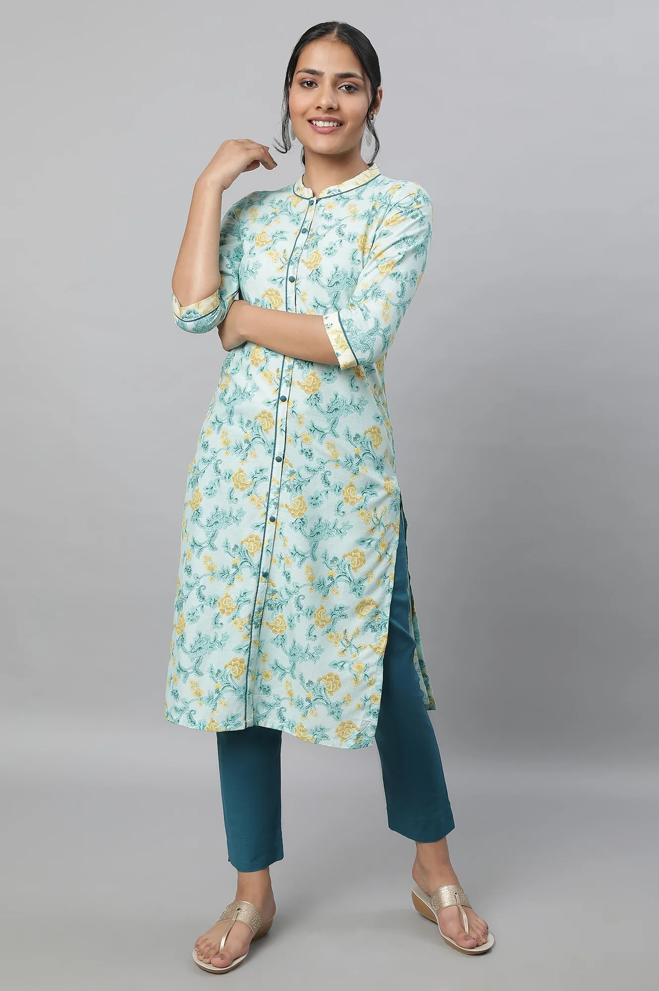 Blue Floral Printed Kurta & Trousers Set