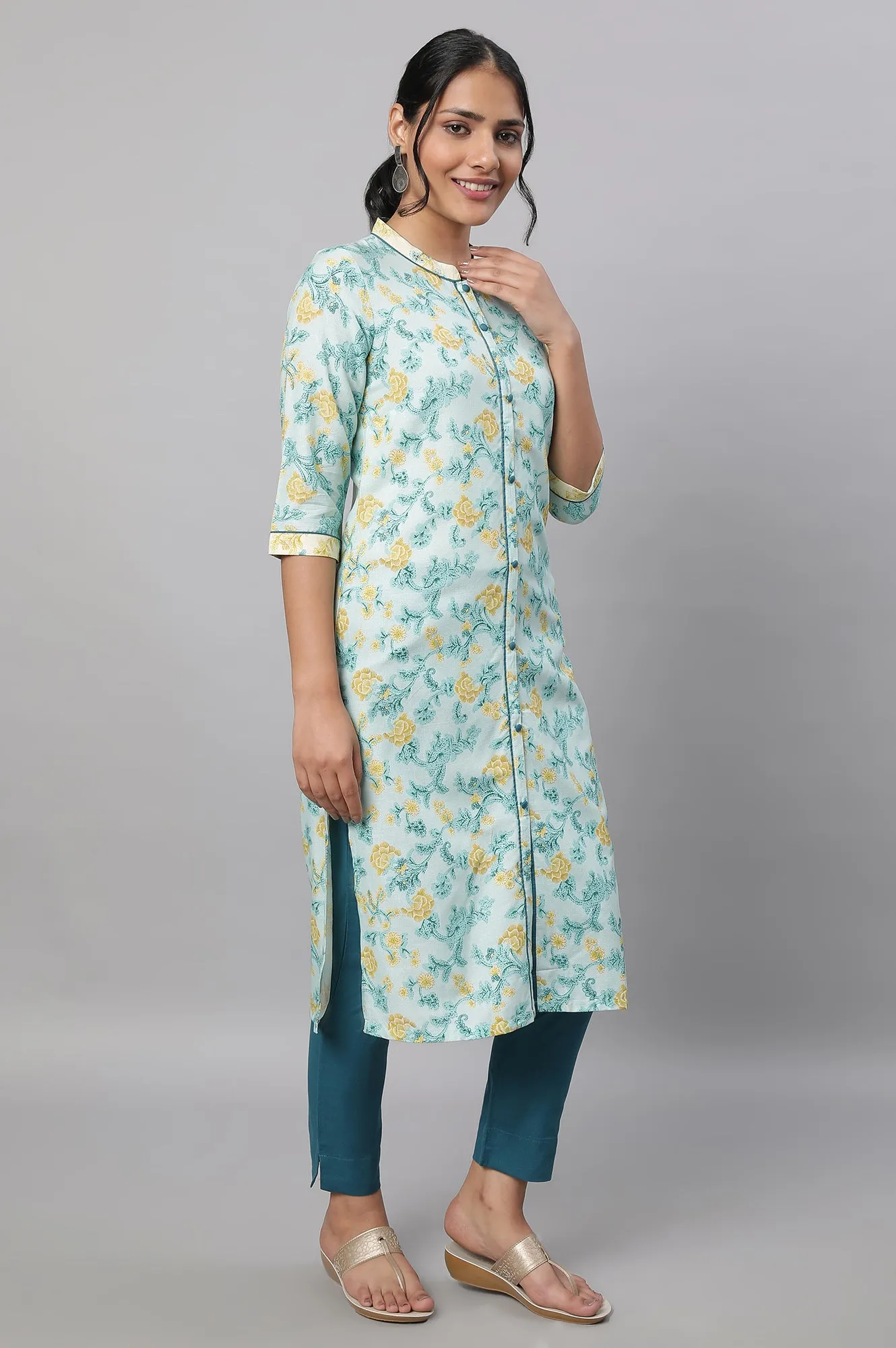 Blue Floral Printed Kurta & Trousers Set