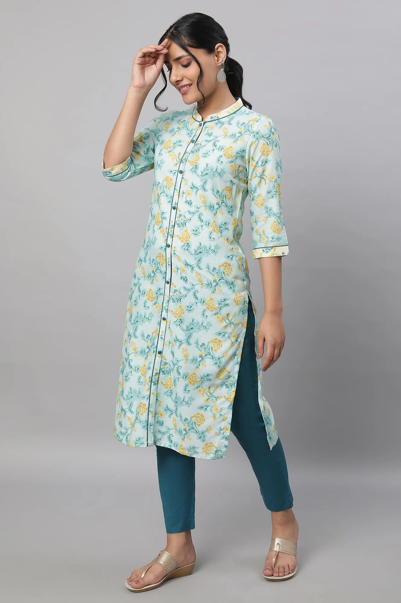 Blue Floral Printed Kurta & Trousers Set