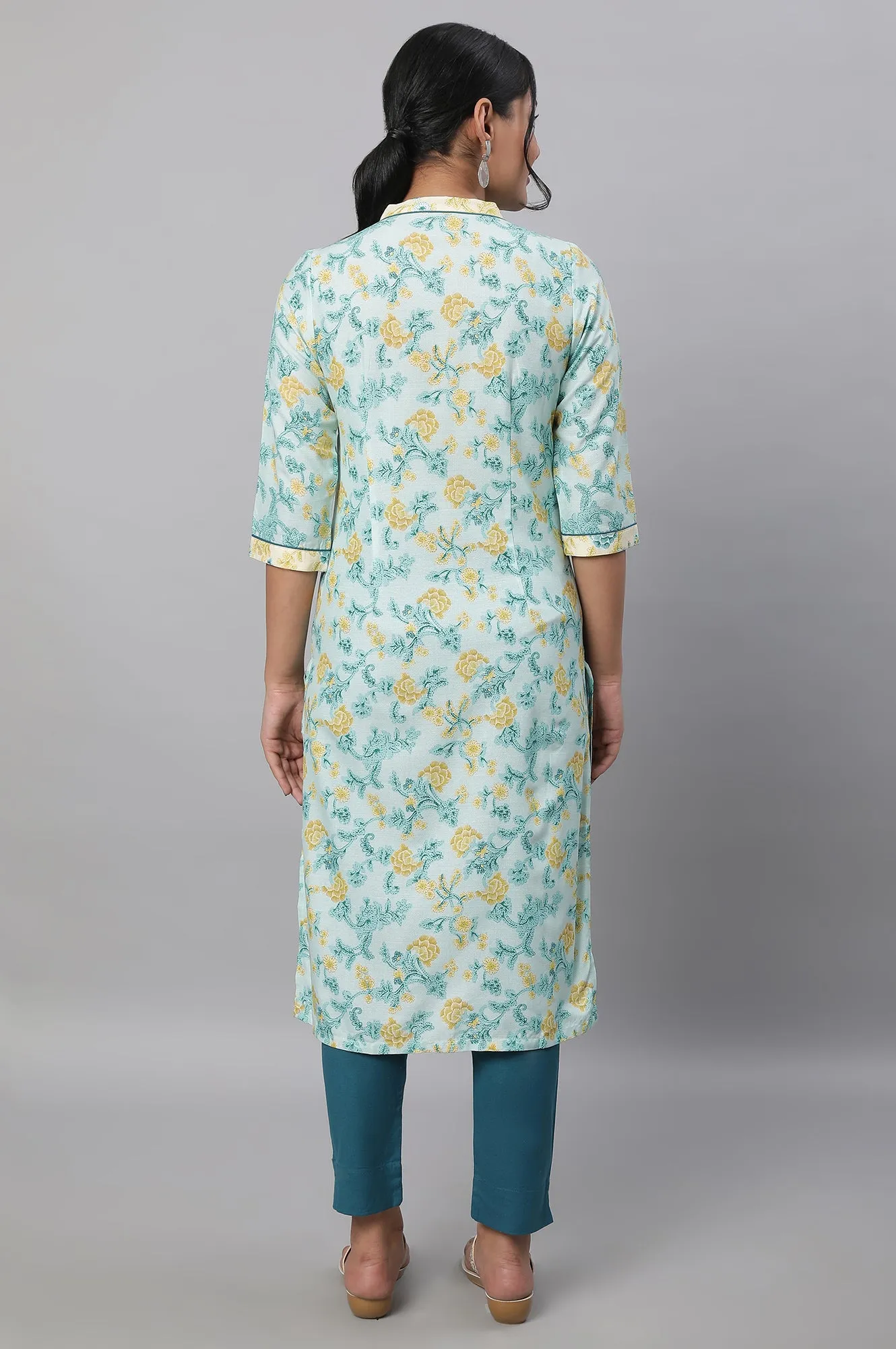 Blue Floral Printed Kurta & Trousers Set