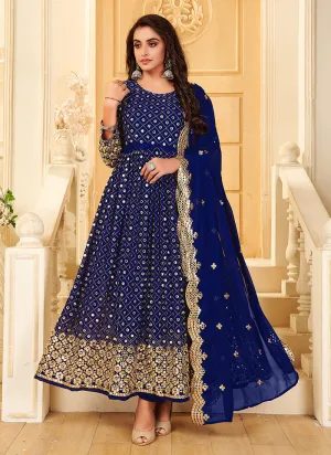Blue Foil Mirror Embroidered Afghani Style Anarkali
