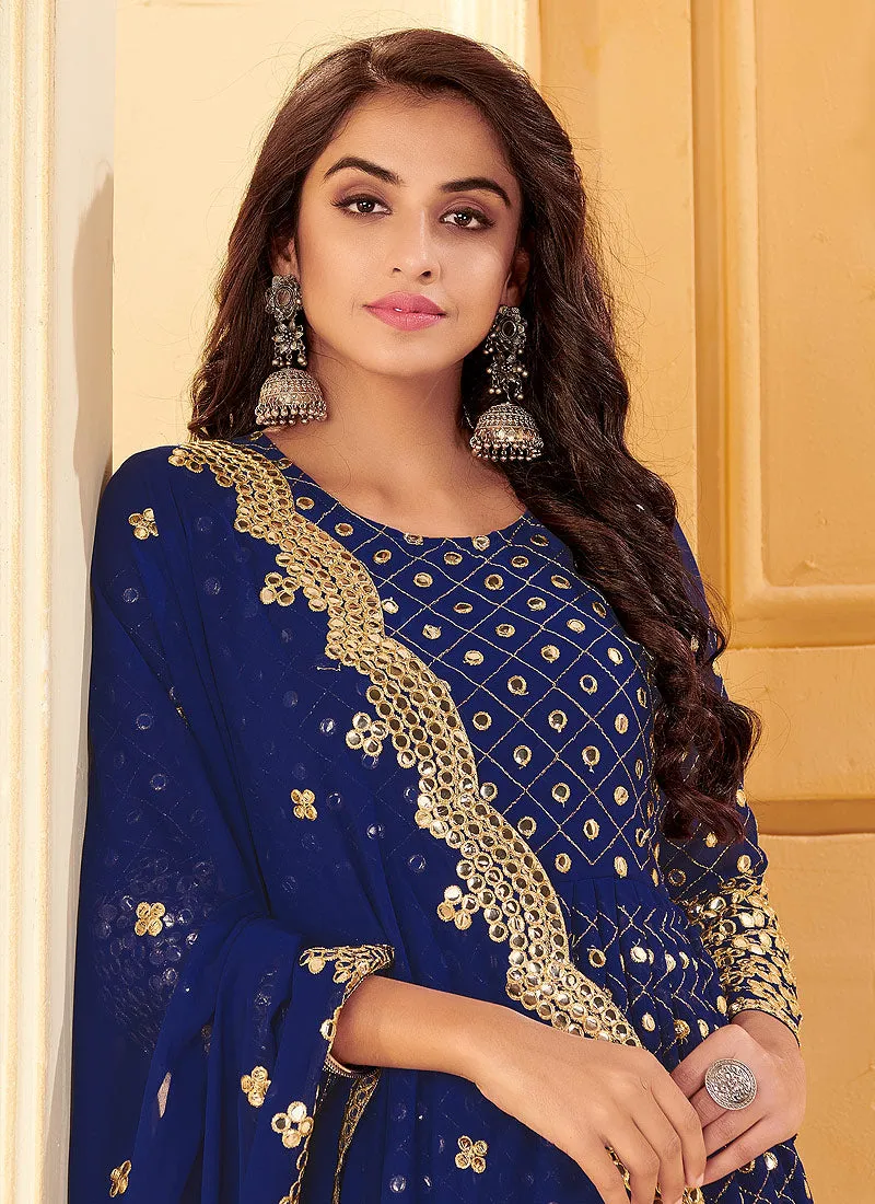 Blue Foil Mirror Embroidered Afghani Style Anarkali