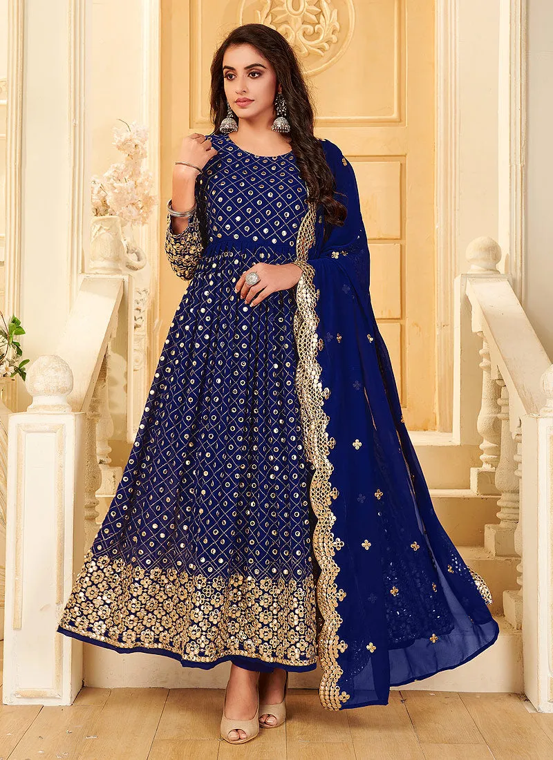 Blue Foil Mirror Embroidered Afghani Style Anarkali