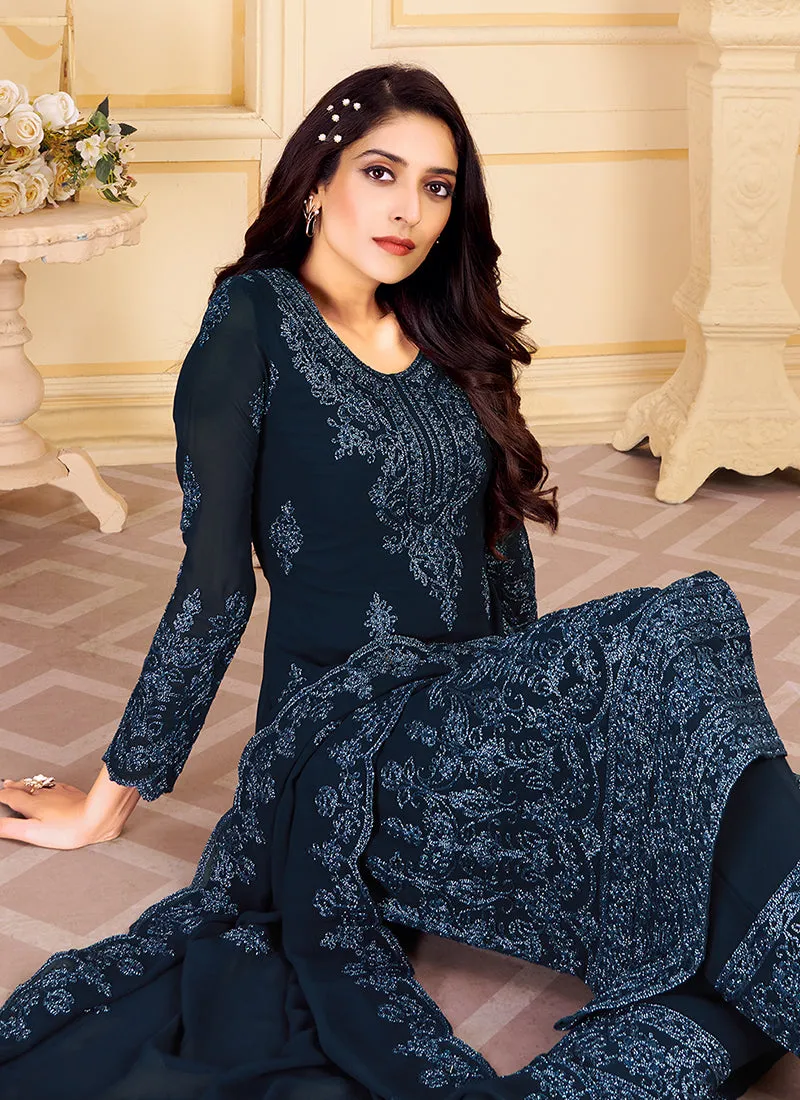 Blue Georgette Embroidered Eid Salwar Kameez