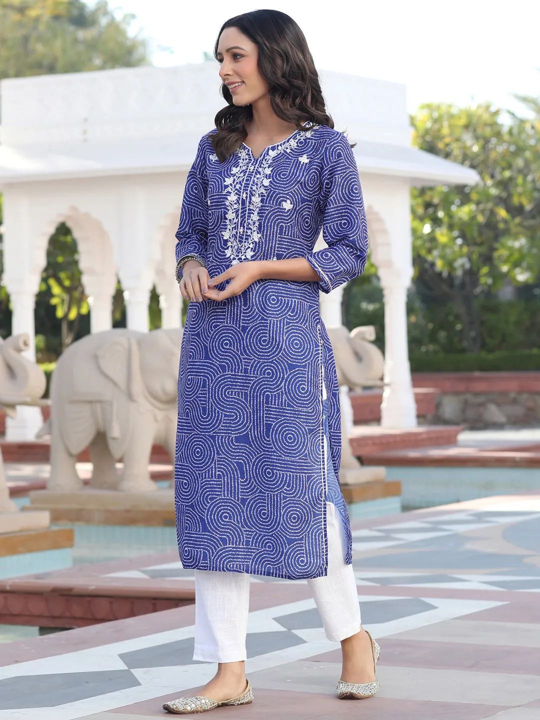 Blue Mirror Work Embroidered Muslin Straight Kurta With White Cotton Straight Fit Trousers