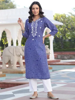 Blue Mirror Work Embroidered Muslin Straight Kurta With White Cotton Straight Fit Trousers
