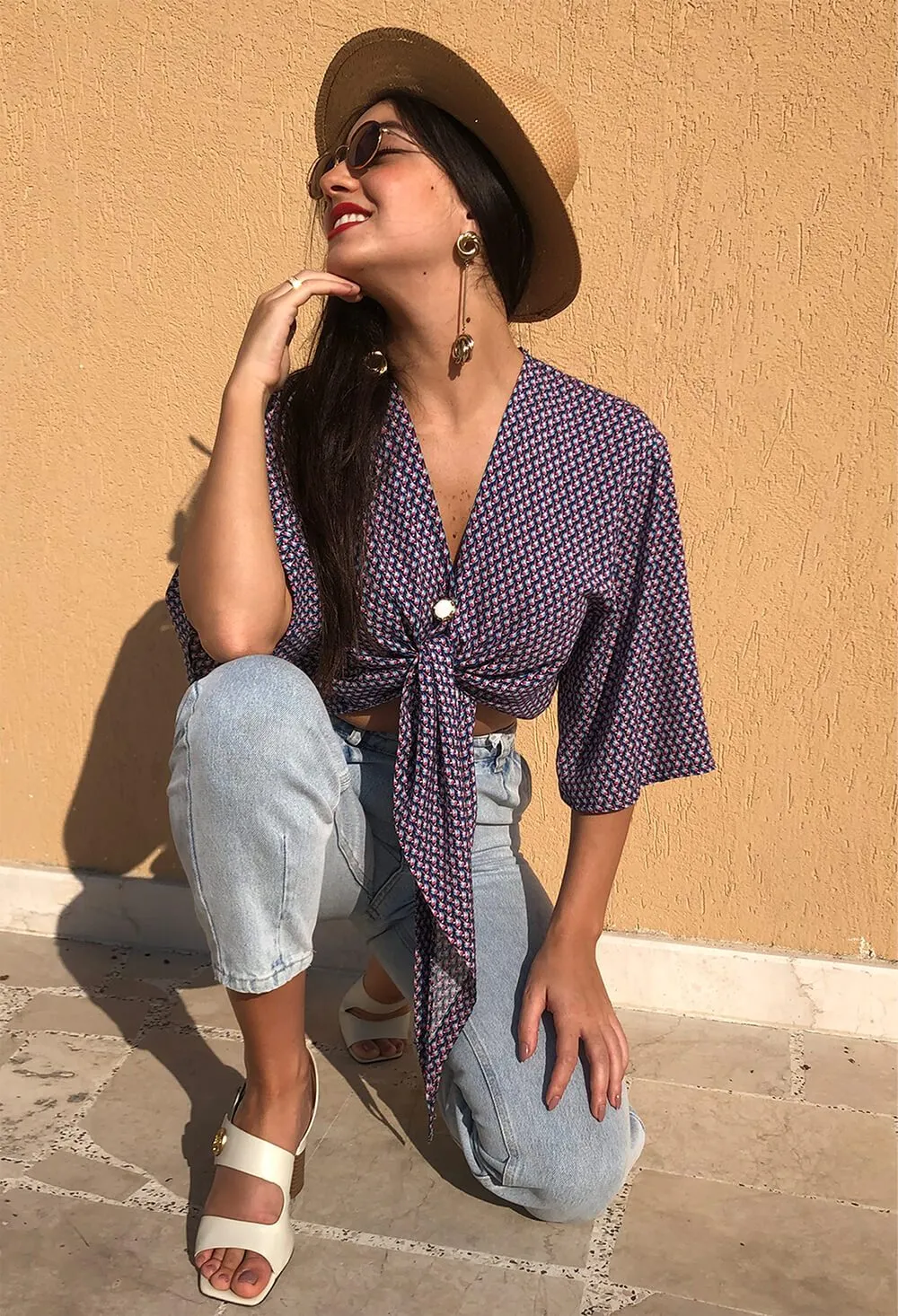 Blue Parrot Print Front Tie Crop Shirt