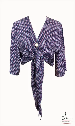 Blue Parrot Print Front Tie Crop Shirt