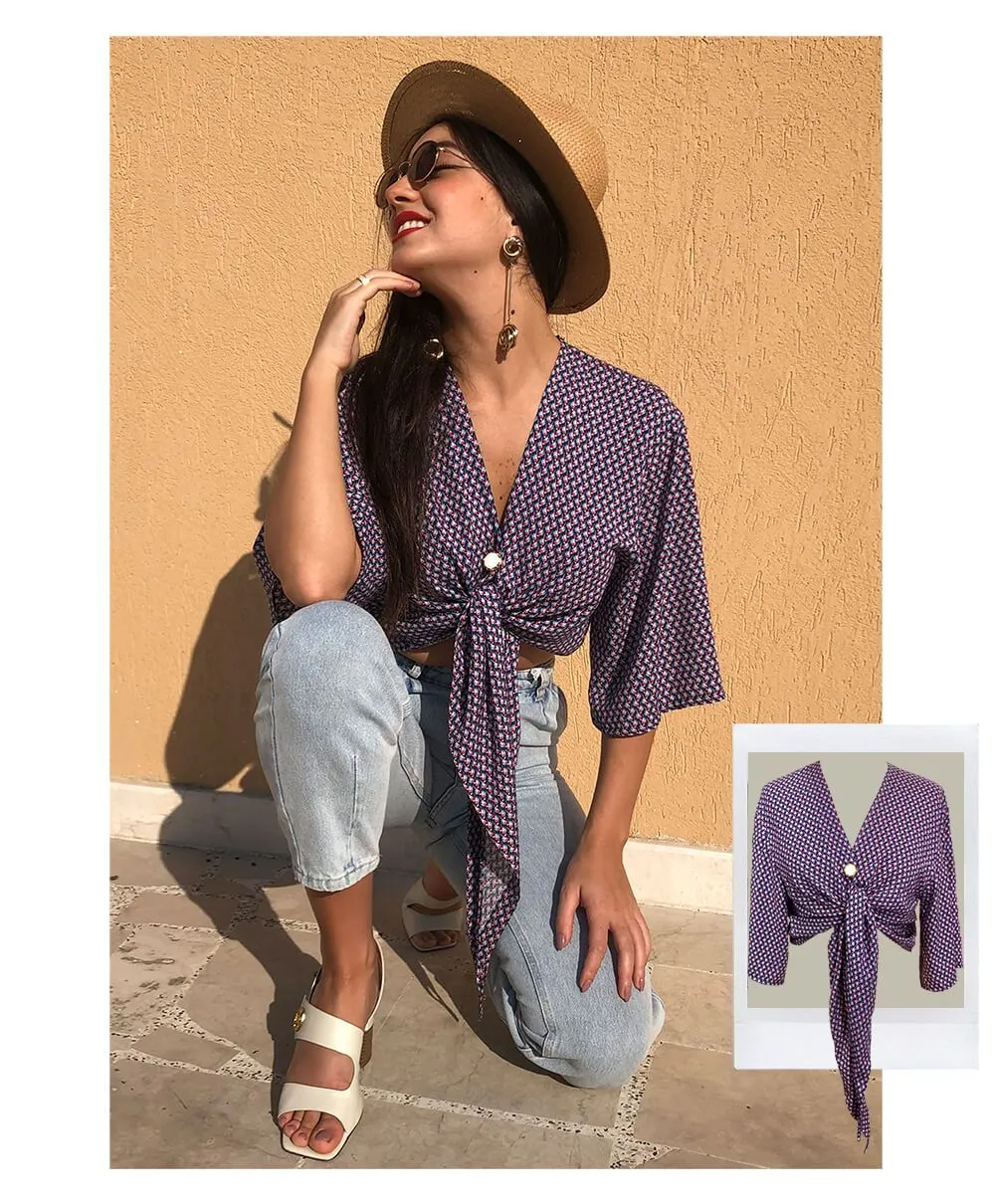 Blue Parrot Print Front Tie Crop Shirt